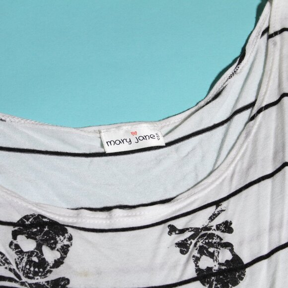 Black and White Striped Skull Bones Shirt Off Shoulder - Picture 3 of 5